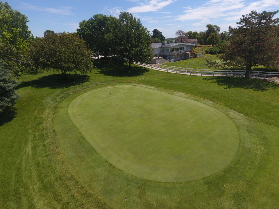 Golf course green with trees and cart path
